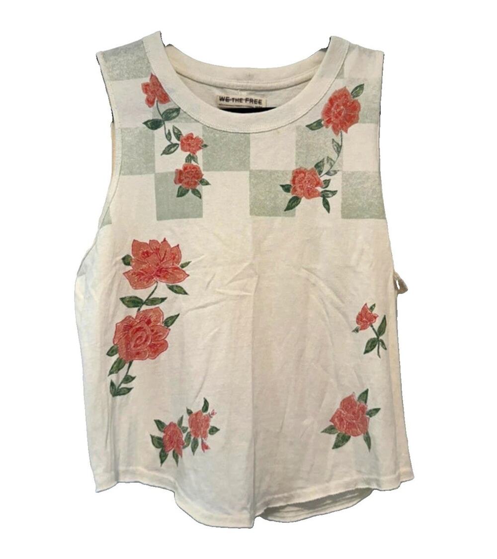 We The Free $58 Check It Out Free People Ivory Checkered Floral Muscle Tee Top M